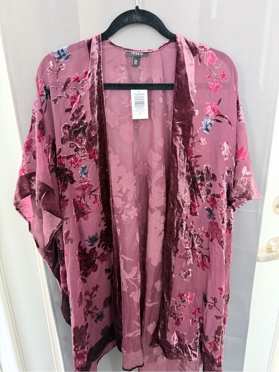 torrid Sweaters - torrid maroon Floral Velvet-Trim Sheer Kimono
